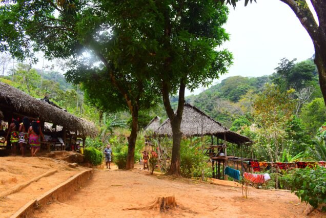 Indigenous Emberá people sharing cultural traditions during community tour.